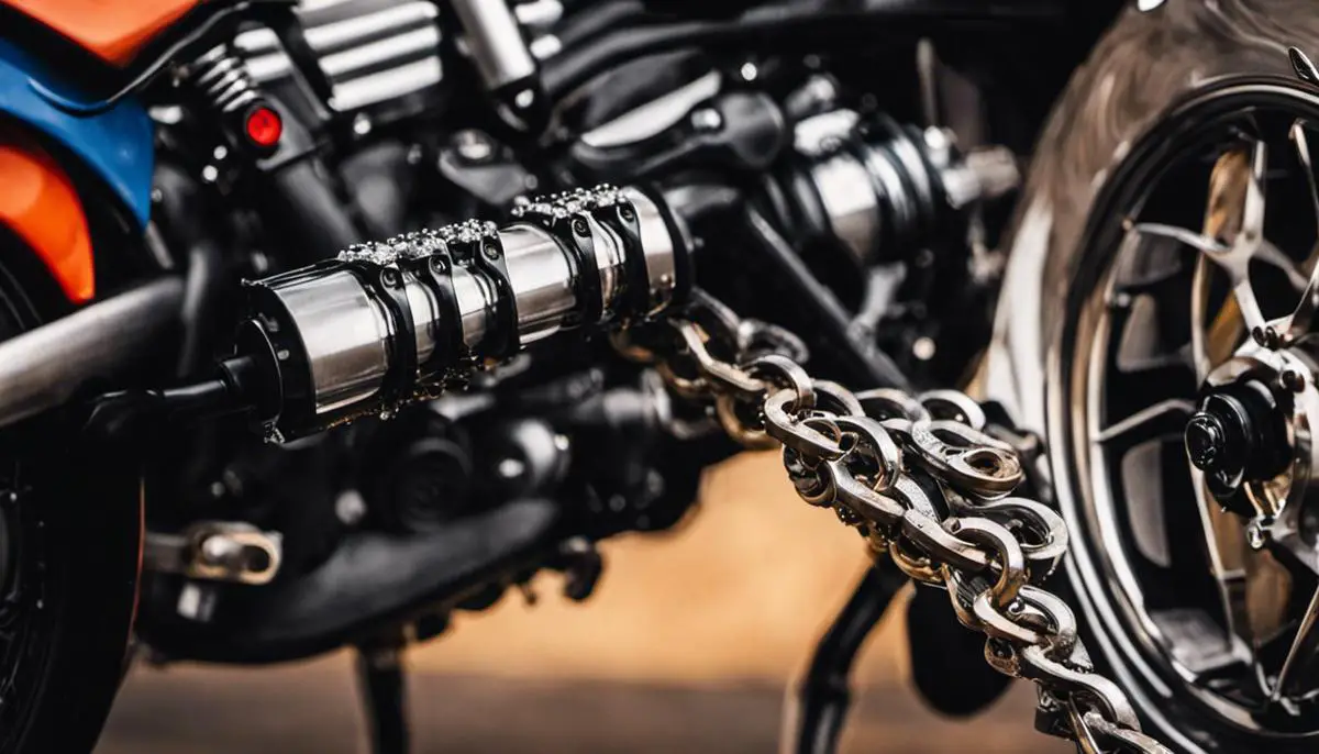 A close-up image of a motorbike chain being cleaned with a brush and solvent.