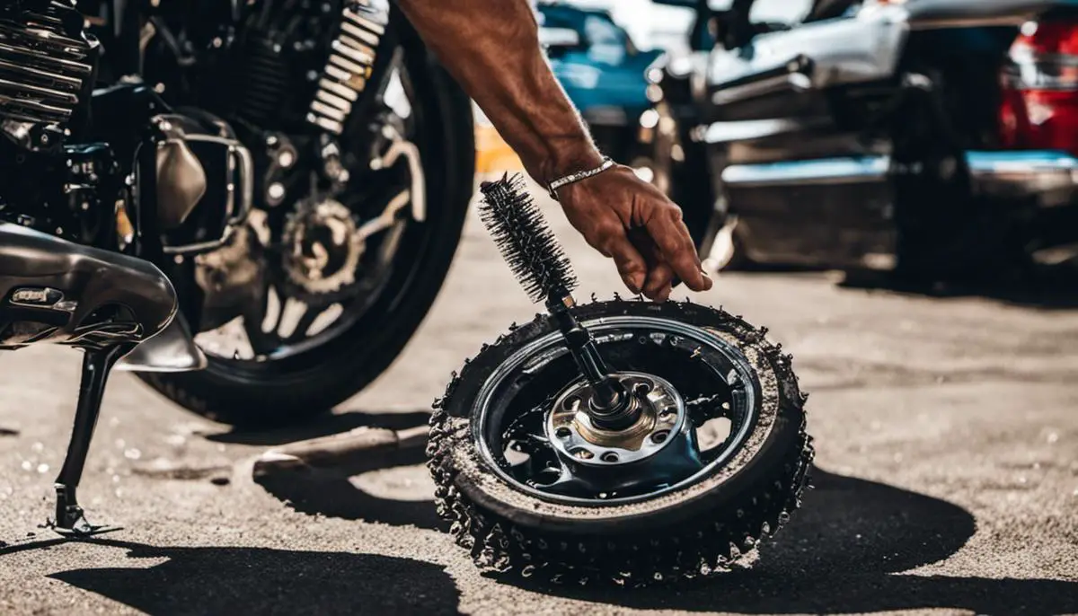 A person cleaning a motorcycle chain with a brush.
