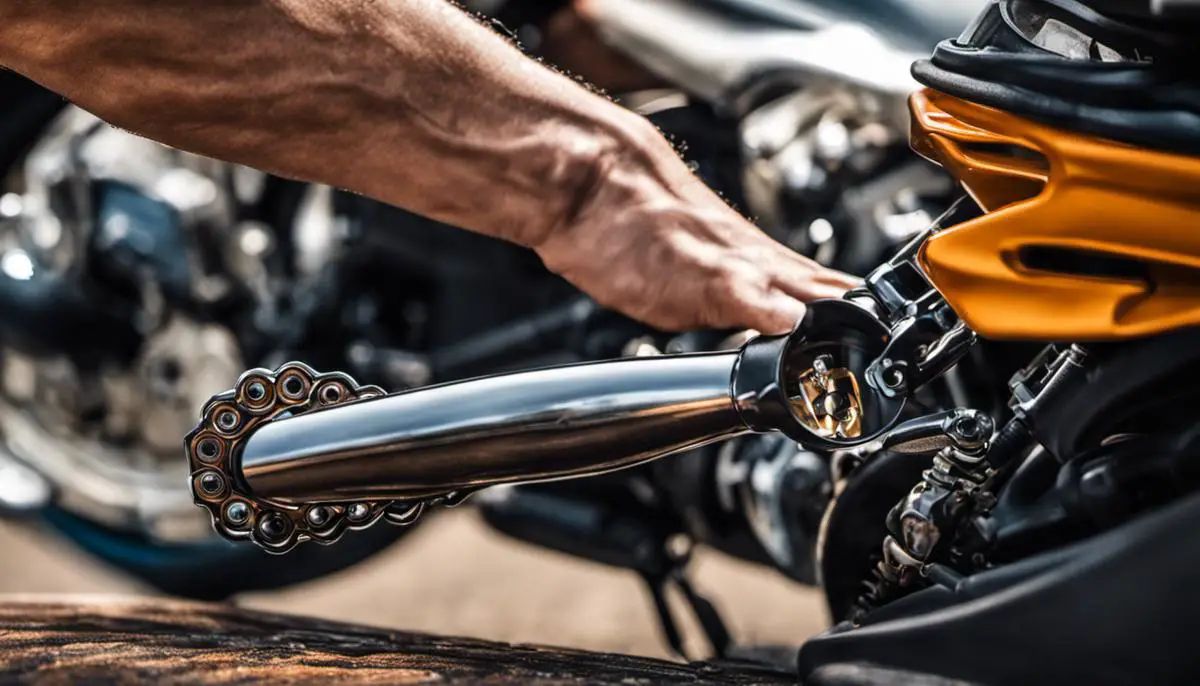 Image of a person inspecting a motorcycle chain with a magnifying glass