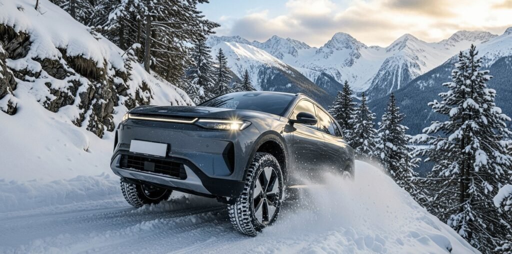 all wheel drive electric suv climbing a snowy mountain road, snow spraying from tires for traction.