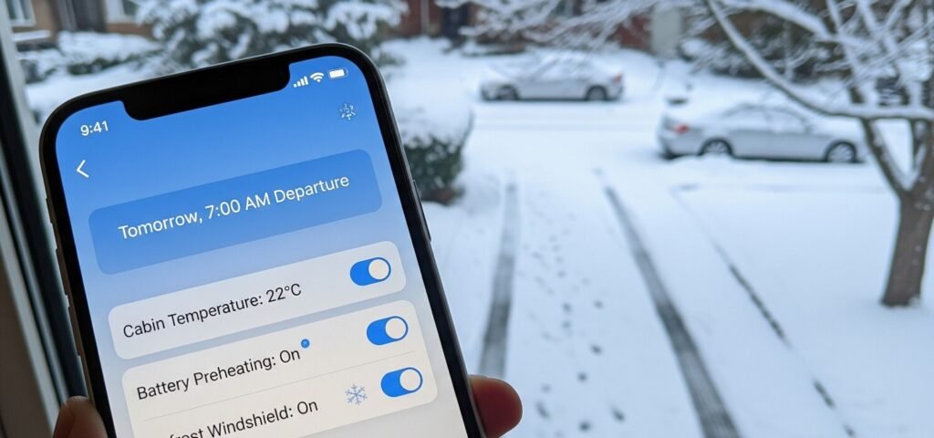 ev mobile app interface showing preconditioning schedule for departure in winter, snowy driveway visible outside.