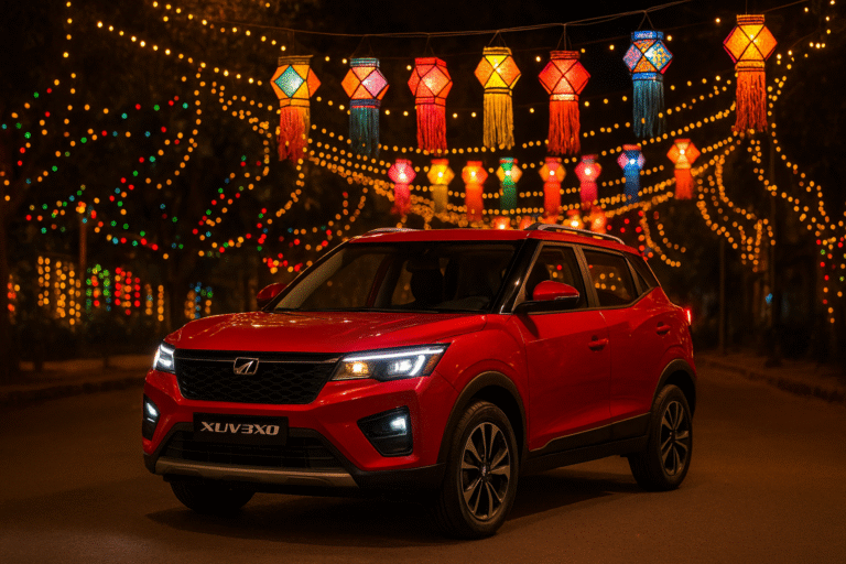 New GST 2.0 Mahindra Prices in India — Model‑Wise Savings mahindra xuv3xo with festive lights showcasing gst savings
