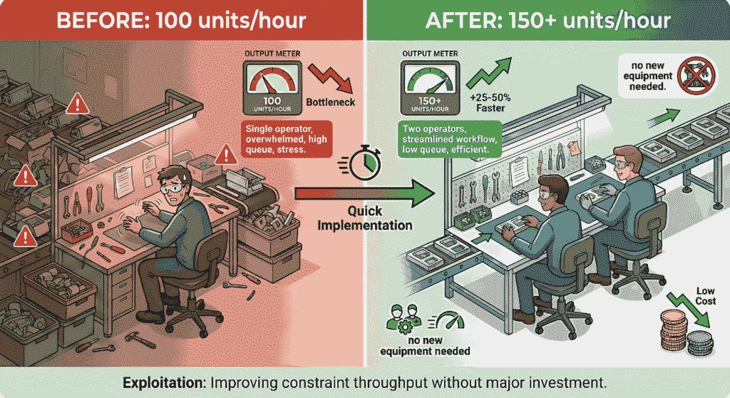 Five Focusing Steps of Theory of Constraints | Simple POOGI Guide Before and after comparison showing how exploiting a constraint through process optimization improves output from 100 to 150+ units per hour without new equipment