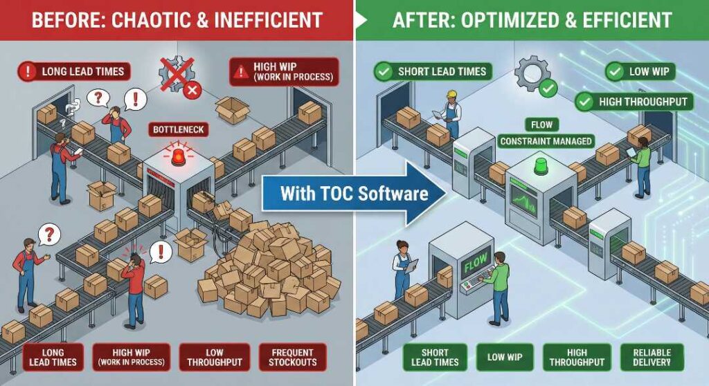 Before and after factory floor transformation using Theory of Constraints software, showing improved workflow, reduced bottleneck, and optimized production
