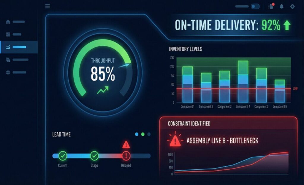 Modern software dashboard interface showing real-time production metrics: throughput gauge at 85%, inventory level chart, lead time timeline, on-time delivery percentage. Include green and red indicators. Show constraint identified and highlighted. Professional tech aesthetic with dark background and bright accent colors.
