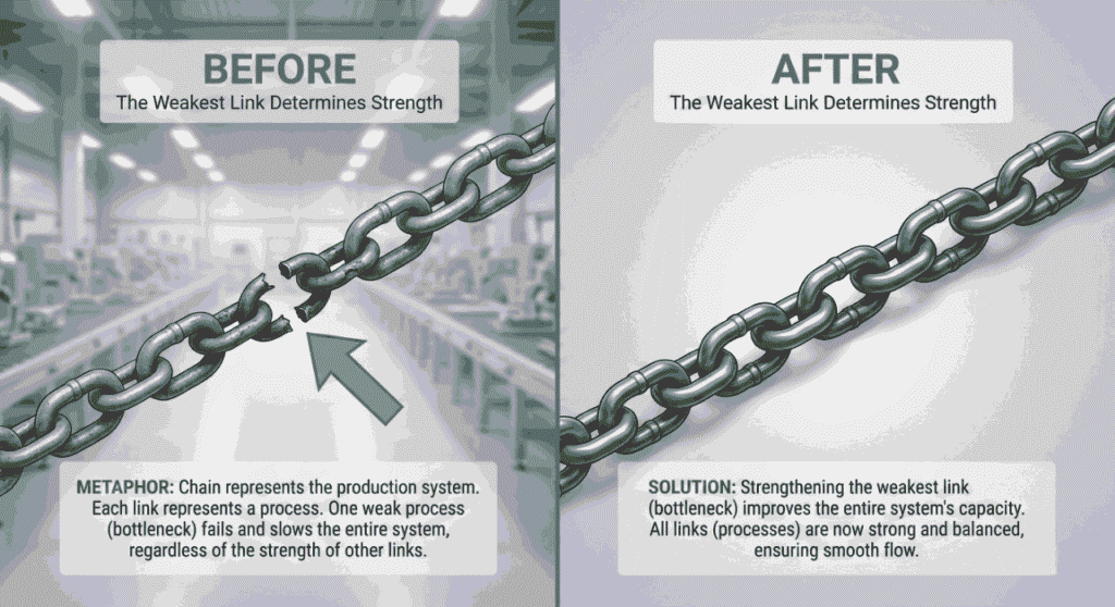 Five Focusing Steps of Theory of Constraints | Simple POOGI Guide Manufacturing chain analogy showing how one weak link (bottleneck) determines overall strength, not the strongest processes