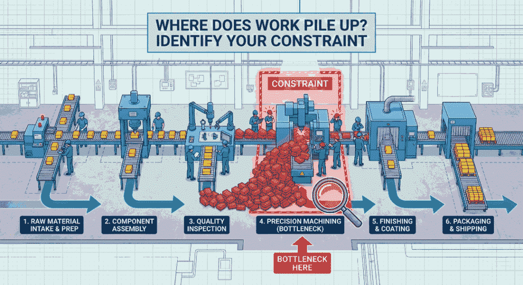 Five Focusing Steps of Theory of Constraints | Simple POOGI Guide Manufacturing production line floor layout showing clear bottleneck constraint with work piled up at one station while others flow smoothly