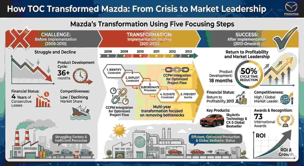 Five Focusing Steps of Theory of Constraints | Simple POOGI Guide Mazda case study results showing 50% product development cycle reduction, return to profitability in 2013, and market leadership through Five Focusing Steps implementation