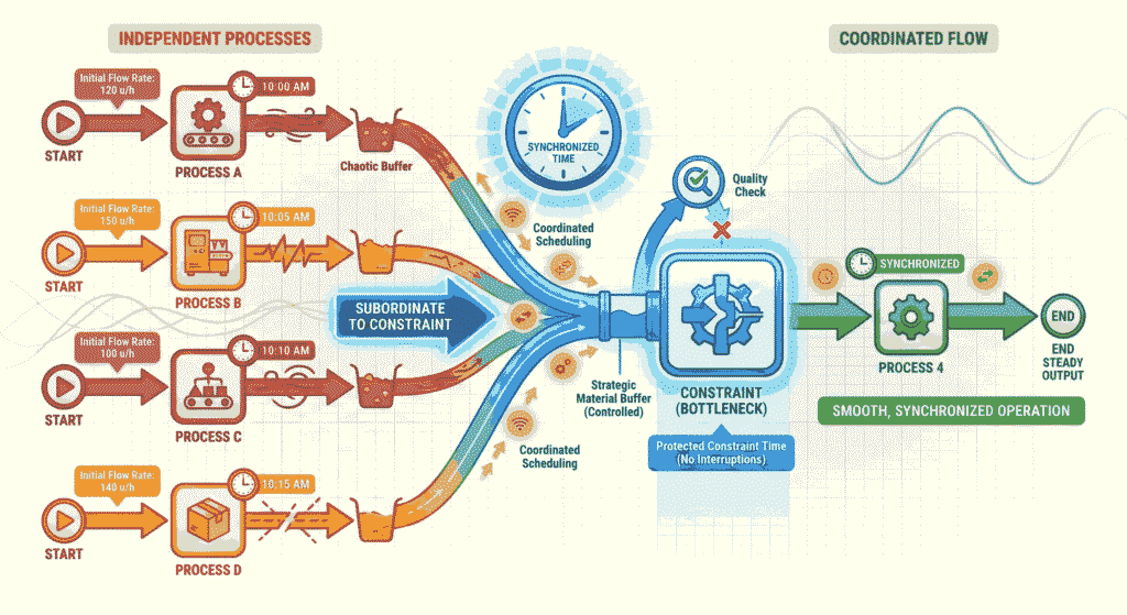 Five Focusing Steps of Theory of Constraints | Simple POOGI Guide Production process flow diagram showing how all non-constraint processes are subordinated and synchronized to support and feed the central bottleneck constraint