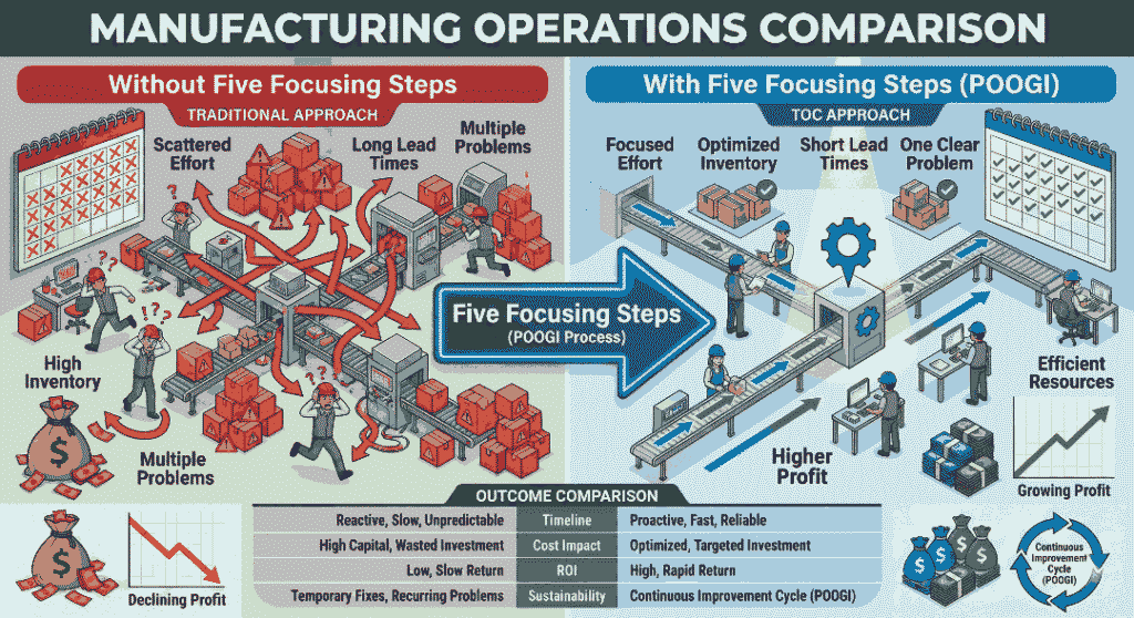 Five Focusing Steps of Theory of Constraints | Simple POOGI Guide Side-by-side comparison showing traditional manufacturing chaos versus TOC-optimized focused approach with organized flow, lower inventory, shorter lead times, and higher profits