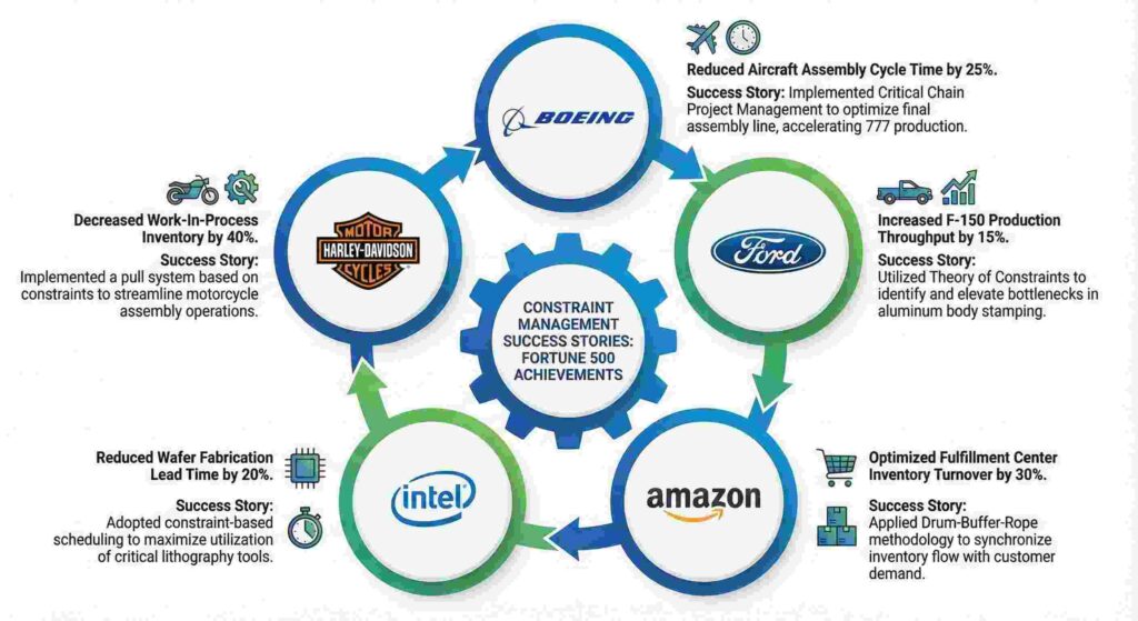 Fortune 500 companies using Theory of Constraints: Boeing, Ford, Amazon, Intel, Harley-Davidson with their production optimization achievements