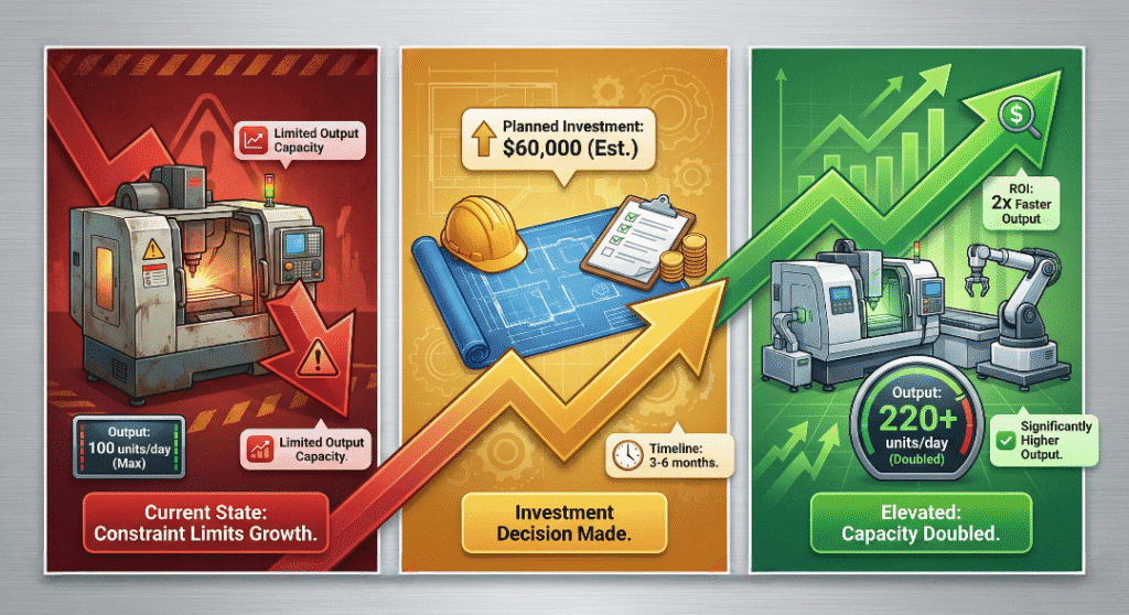 Five Focusing Steps of Theory of Constraints | Simple POOGI Guide three stage Three-stage constraint elevation progression showing transition from limited single capacity to doubled production capability through equipment investment and process enhancementelevation progression showing transition
