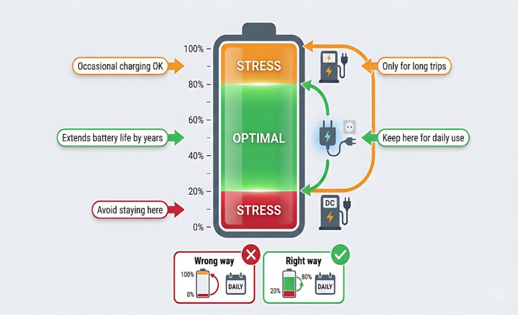 How I Extended My EV Battery Life: 7 Proven Tips That Actually Work Battery charging meter graphic showing optimal 20-80% charging range with stress zones at 0-20% and 80-100%, compared to harmful daily full charging