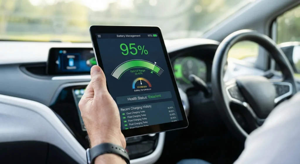Smartphone app displaying EV battery health at 95% with optimal 20-80% charging range highlighted in green