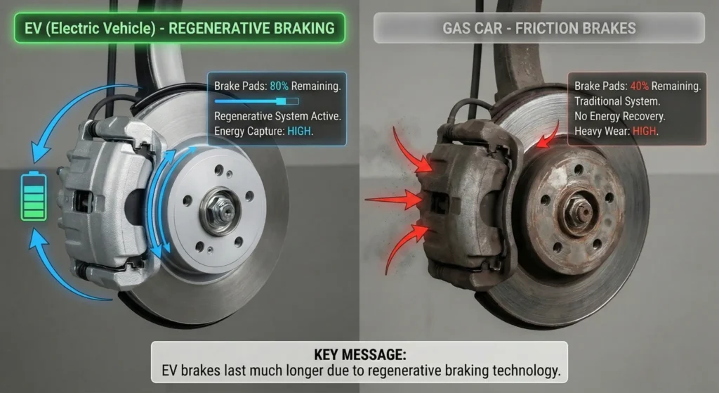 Comparison diagram of EV regenerative braking system showing minimal brake pad wear versus traditional gas car brakes with heavier wear patterns