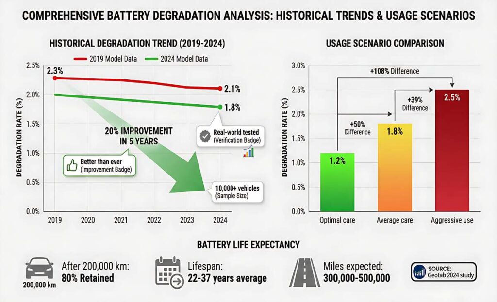 How I Extended My EV Battery Life: 7 Proven Tips That Actually Work Data comparison chart showing EV battery degradation improvement from 2019 to 2024 and battery lifespan expectations of 300,000-500,000 miles based on Geotab research