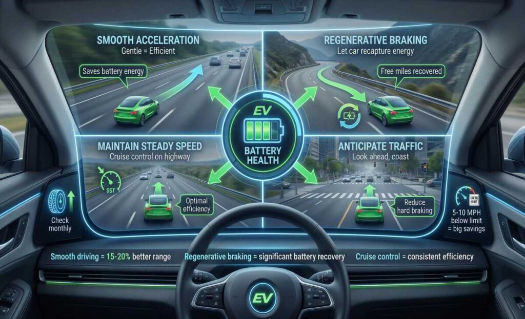 How I Extended My EV Battery Life: 7 Proven Tips That Actually Work EV driving habits infographic showing smooth acceleration, regenerative braking, cruise control, and traffic anticipation techniques to preserve battery health