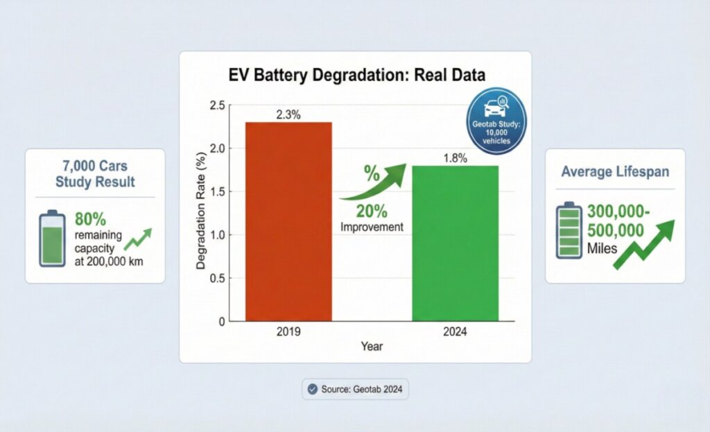 How I Extended My EV Battery Life: 7 Proven Tips That Actually Work Data visualization showing EV battery degradation improvement from 2.3% in 2019 to 1.8% in 2024 based on Geotab study of 10,000 vehicles