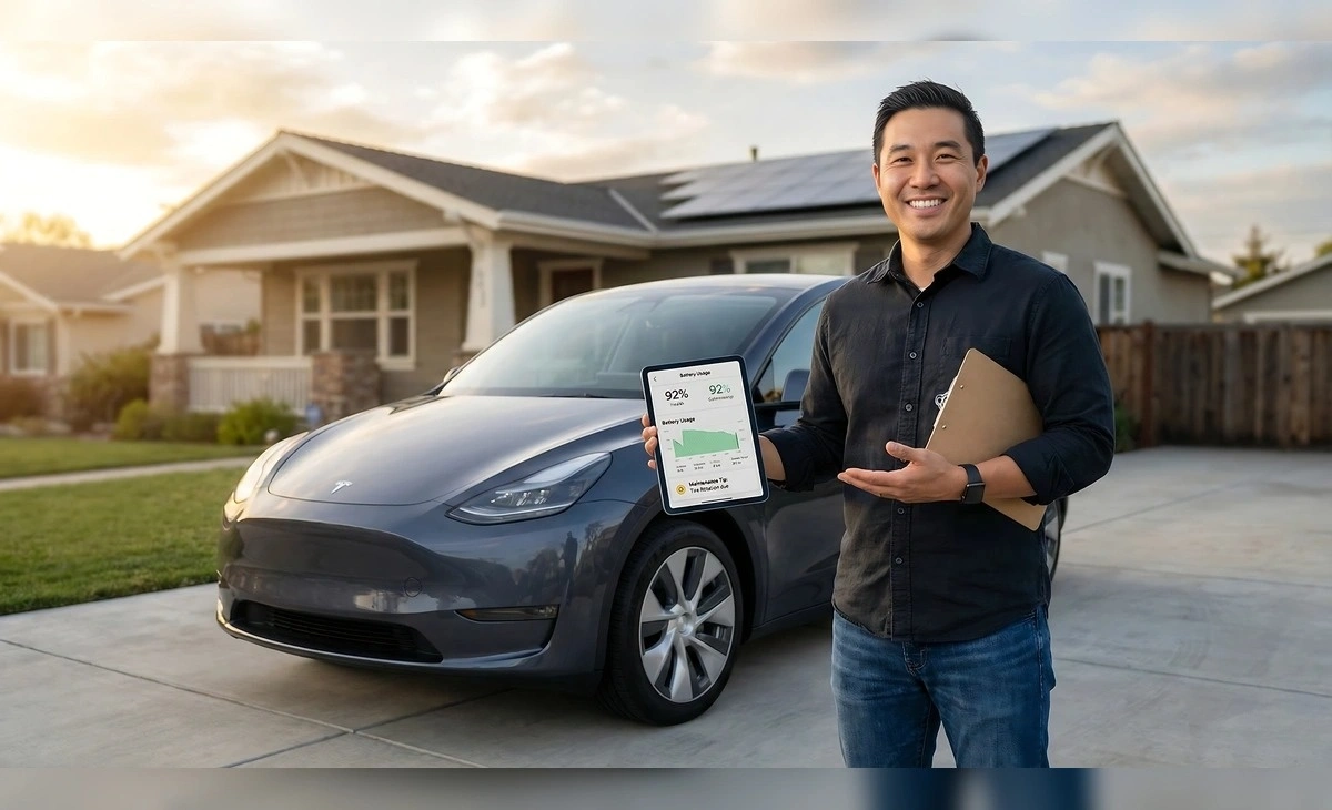Homepage EV owner holding tablet showing electric car battery health metrics and maintenance tips with modern electric vehicle in background
