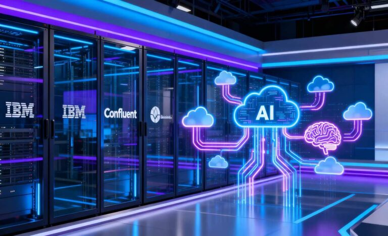 IBM $11B Confluent bet to wire real-time data for enterprise generative AI Futuristic enterprise cloud infrastructure scene with IBM and Confluent branding, glowing data flows between servers, clouds, and an AI brain in a corporate tech news style.