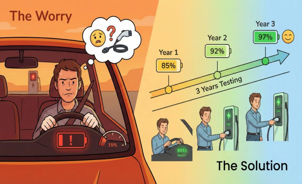 How I Extended My EV Battery Life: 7 Proven Tips That Actually Work Illustration of EV owner worried about battery health transitioning to confident owner after 3 years of testing battery care tips
