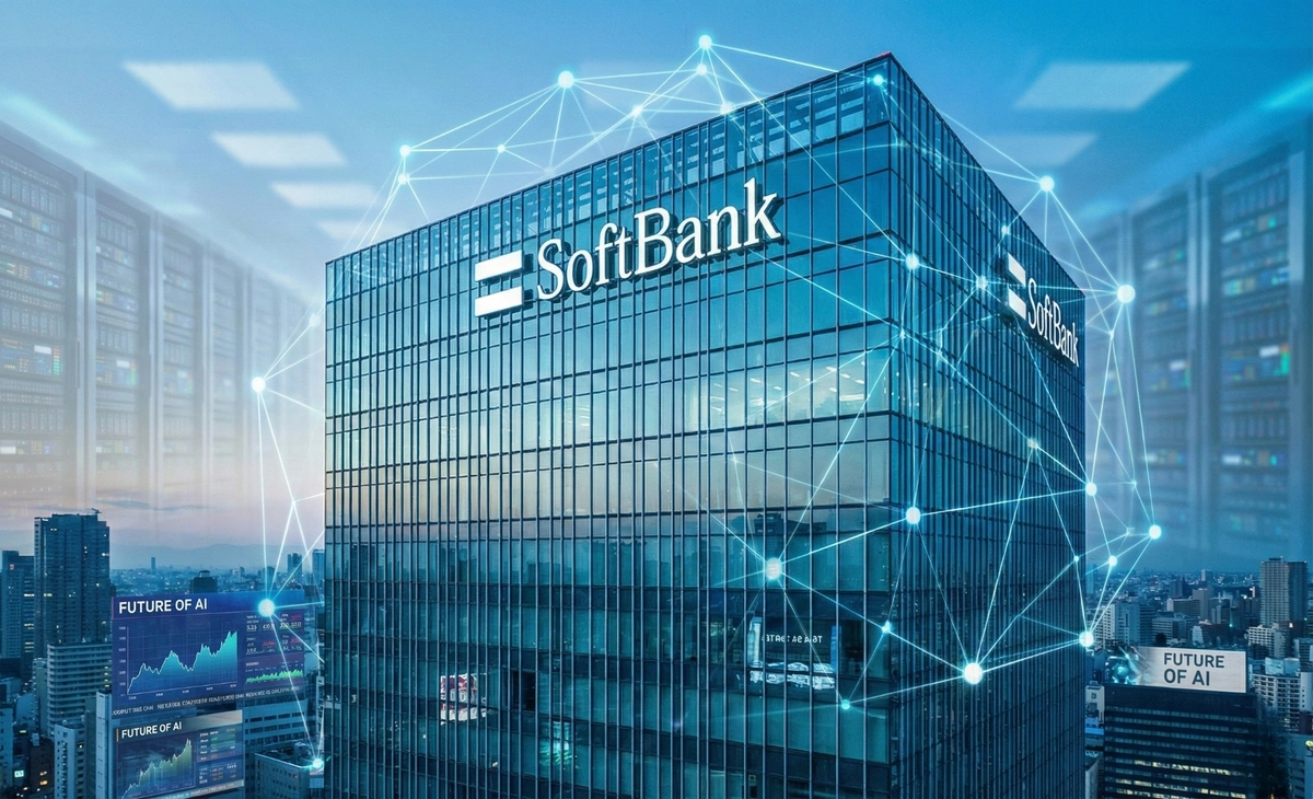 SoftBank headquarters building with digital AI network graphics, symbolizing SoftBank’s $41 billion investment in OpenAI and the global AI infrastructure race