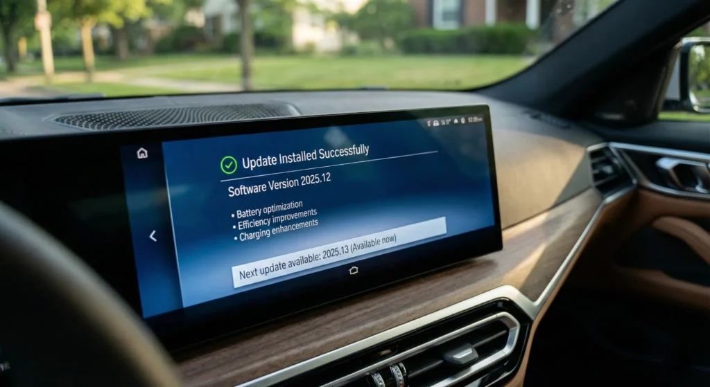 EV dashboard display showing completed software update with version number and optimization improvements installed