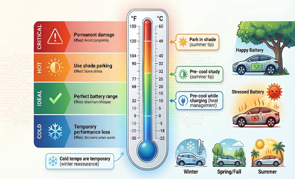 How I Extended My EV Battery Life: 7 Proven Tips That Actually Work Temperature thermometer showing safe battery range 68-77°F with permanent damage zone above 140°F and temporary effects below -22°F for EV battery management