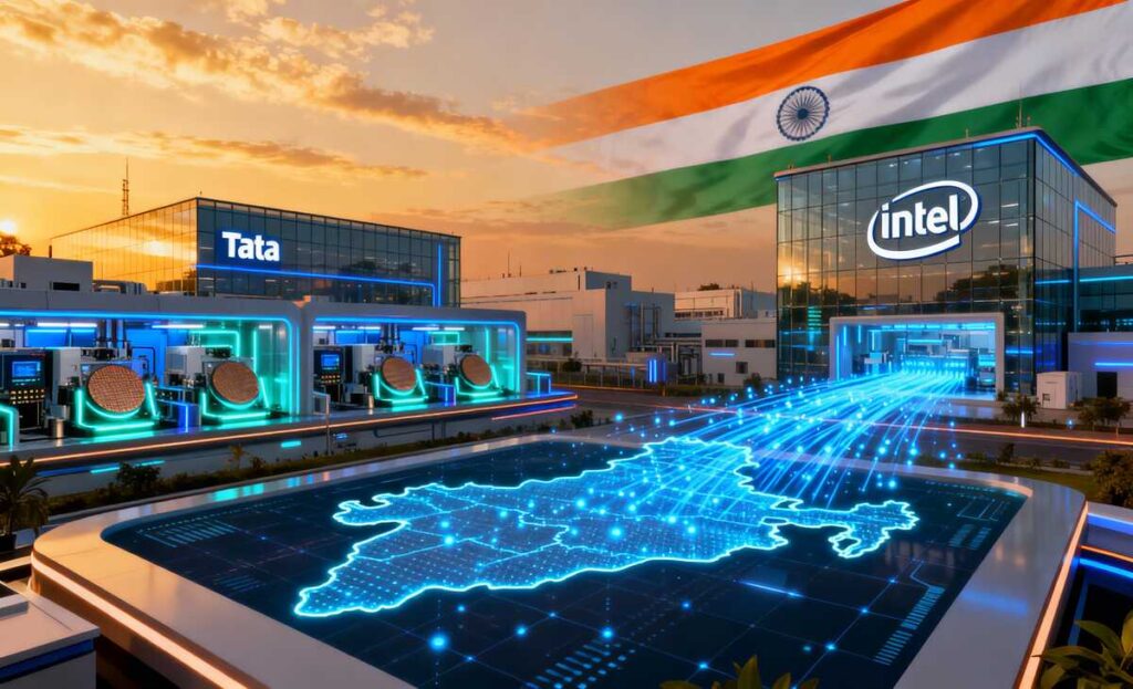 Futuristic Indian semiconductor fab campus at dusk with Tata and Intel logos on glass buildings, glowing wafer halls and AI data streams over a digital India map.