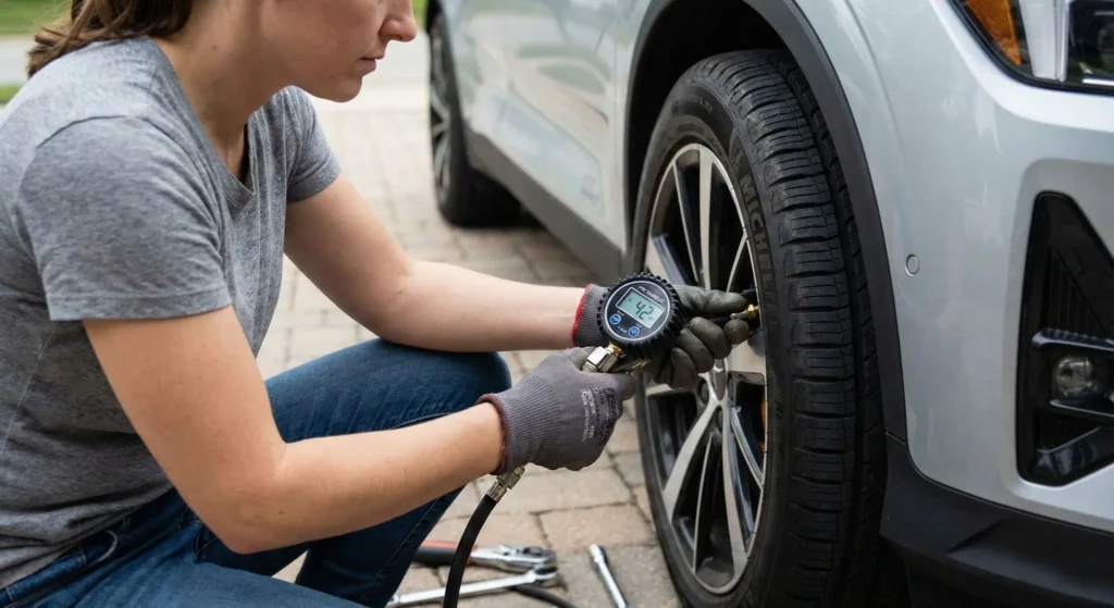EV owner checking tire pressure with digital gauge during monthly tire maintenance check in modern driveway