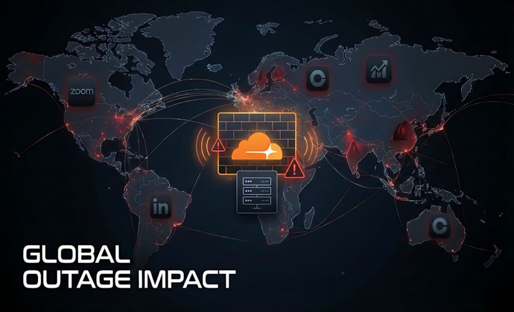 Global illustration showing Cloudflare data centers, warning icons, and logos of Zoom, LinkedIn, Coinbase, and trading apps going offline during a brief outage.
