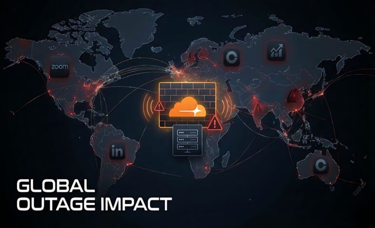 Cloudflare firewall glitch knocks major sites offline, services now restored Global illustration showing Cloudflare data centers, warning icons, and logos of Zoom, LinkedIn, Coinbase, and trading apps going offline during a brief outage.