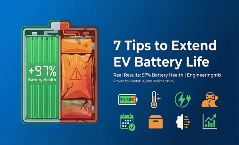 How I Extended My EV Battery Life: 7 Proven Tips That Actually Work EV battery health comparison showing 7 tips to extend battery life with 97% health indicator from Engineeringmix