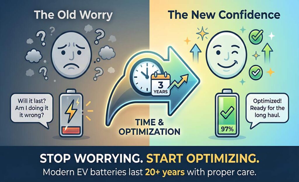 How I Extended My EV Battery Life: 7 Proven Tips That Actually Work Motivational before and after visual showing transformation from EV battery anxiety to confidence through proper battery care practices and real data understanding