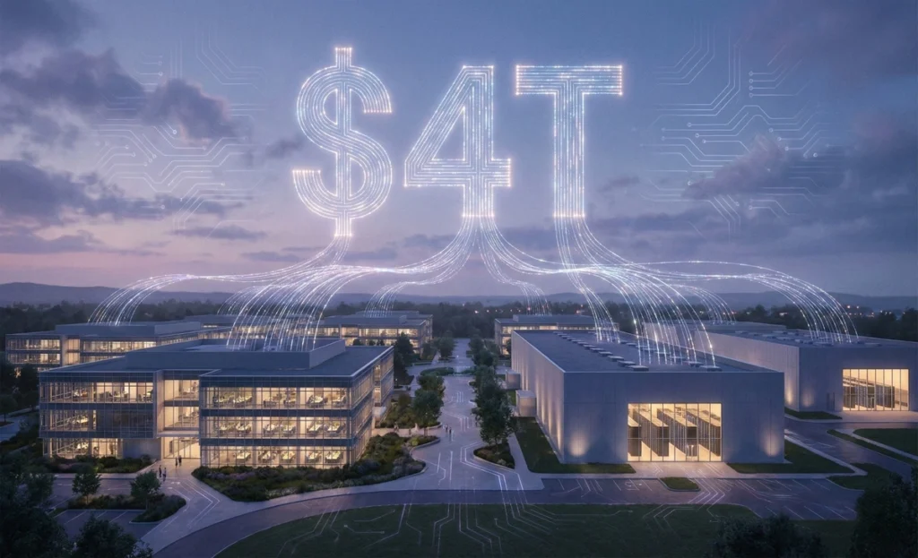 Alphabet Google campus with AI data visuals symbolizing $4 trillion market value.