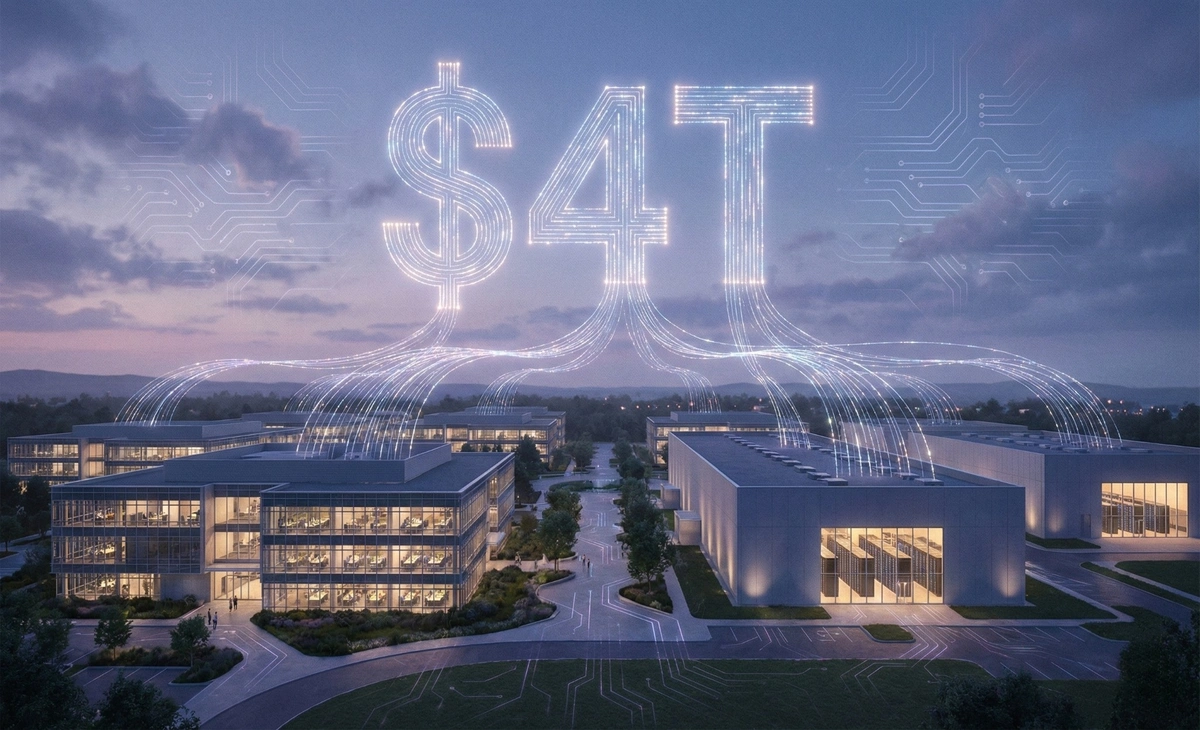 Alphabet Google campus with AI data visuals symbolizing $4 trillion market value.