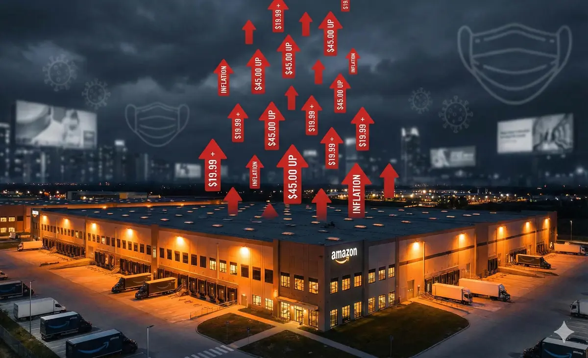 Amazon warehouse with rising price icons symbolizing Covid‑era price gouging lawsuit.
