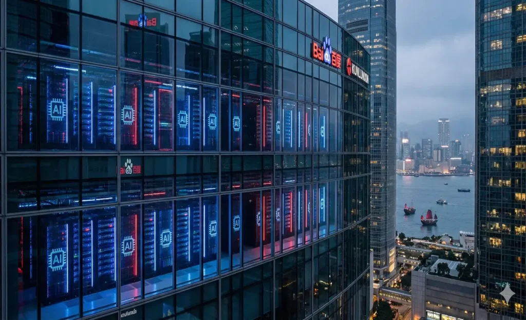 Baidu’s Kunlunxin AI chip servers against the Hong Kong skyline.
