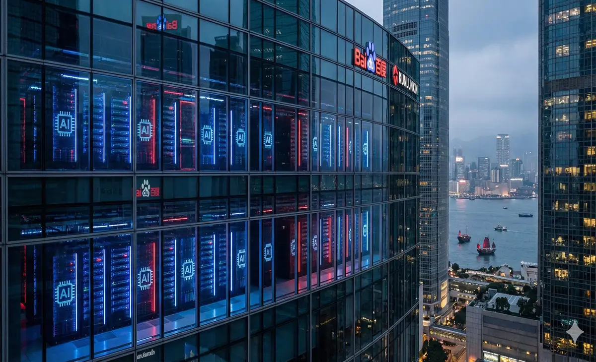 Homepage Baidu’s Kunlunxin AI chip servers against the Hong Kong skyline.