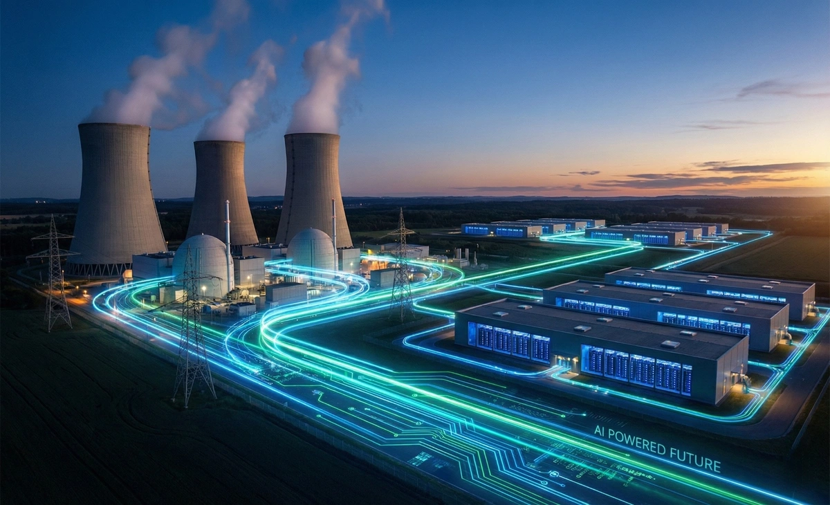 Nuclear power plant supplying clean energy to a large AI data center.