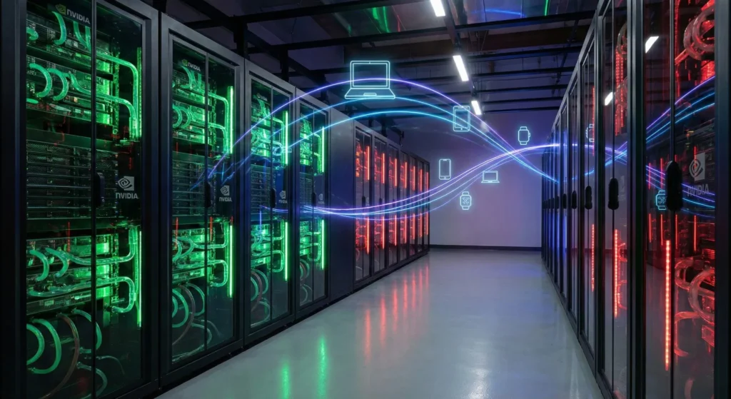 Lenovo and Nvidia AI Cloud Gigafactory servers connected to PCs and phones through Qira personal AI