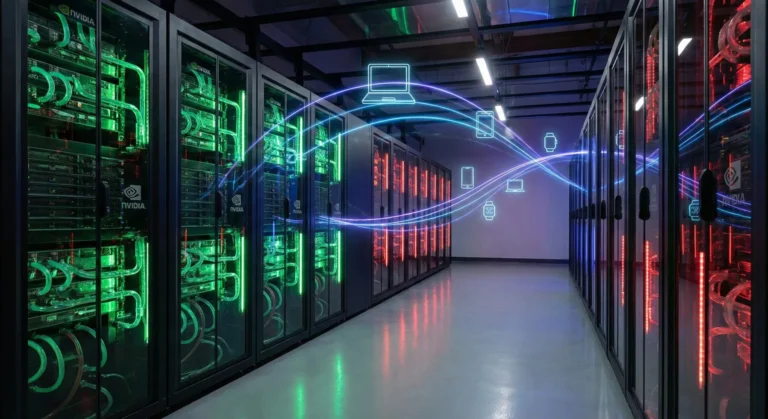 Lenovo and Nvidia AI Cloud Gigafactory servers connected to PCs and phones through Qira personal AI