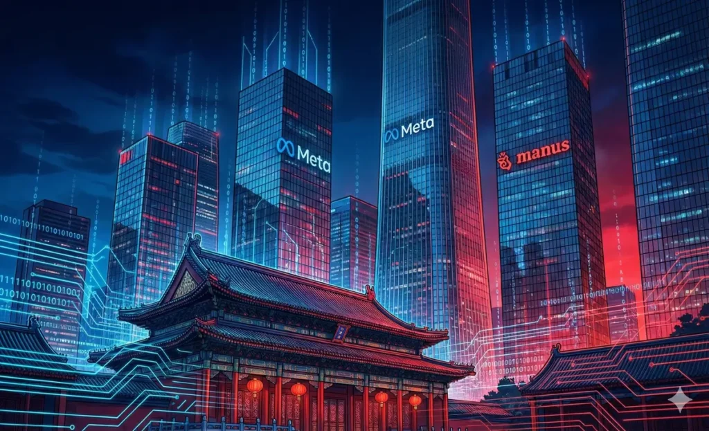Beijing government and skyline with AI circuit overlay symbolising Meta–Manus deal review.