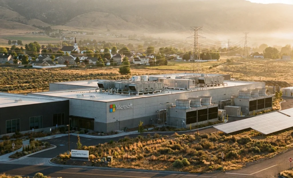 Microsoft AI data center near a U.S. town with power lines and cooling systems highlighting lower energy and water use.