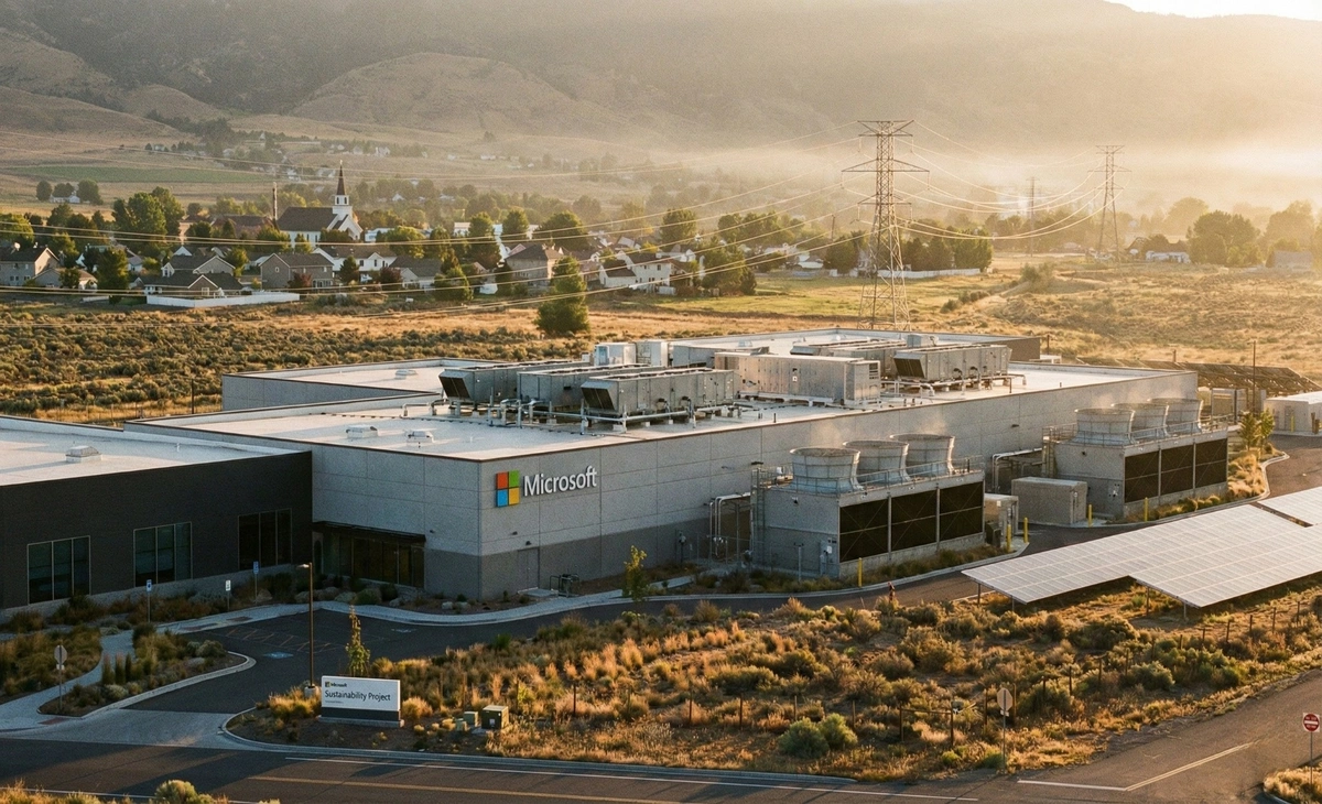 Microsoft AI data center near a U.S. town with power lines and cooling systems highlighting lower energy and water use.