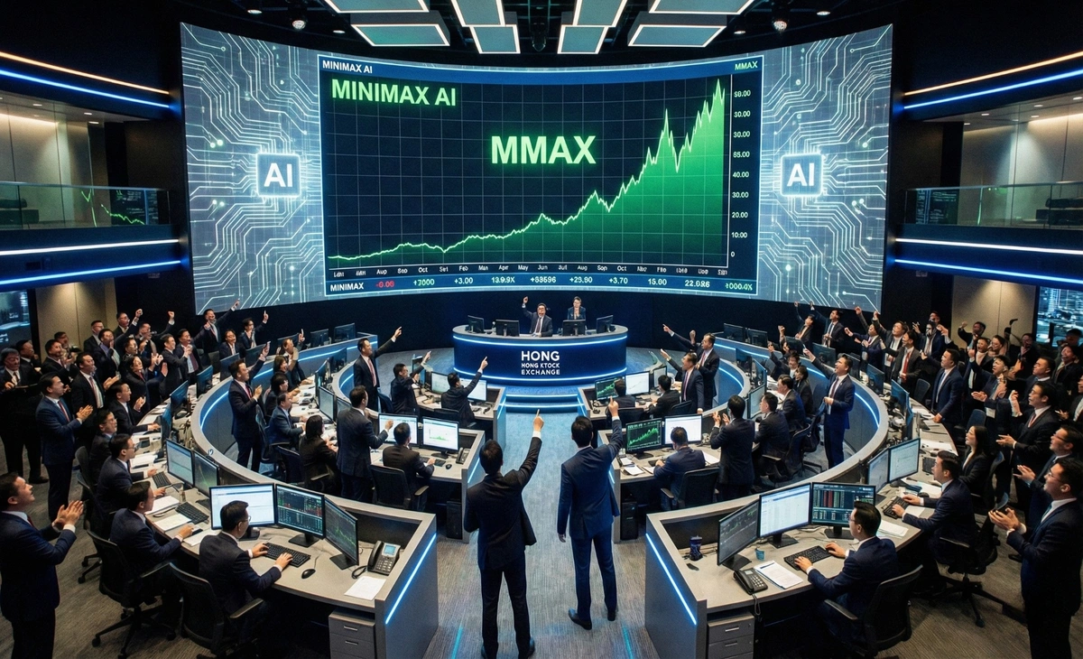 Traders watch as MiniMax shares surge on their first day at the Hong Kong Stock Exchange.