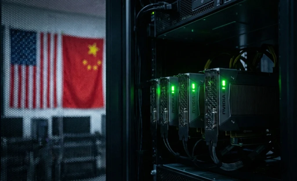 Nvidia H200 AI chips in a server rack with US and China flags in the background.