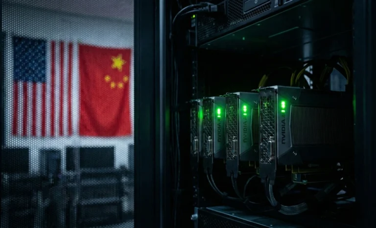 US lets Nvidia ship H200 AI chips to China, but on a tight leash Nvidia H200 AI chips in a server rack with US and China flags in the background.