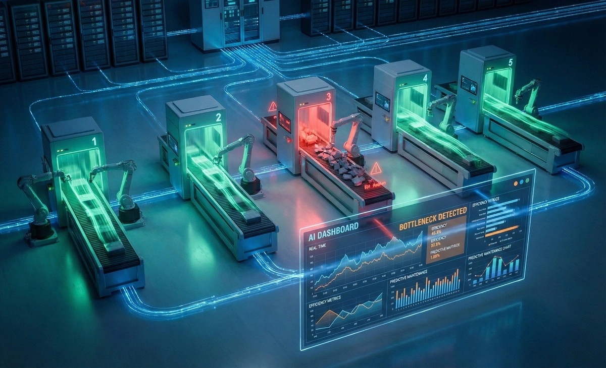 Homepage Manufacturing facility with AI bottleneck detection showing production stations, IoT sensors in blue nodes, data flow in golden streams, and holographic dashboard displaying real-time metrics with red bottleneck indicator at station 3