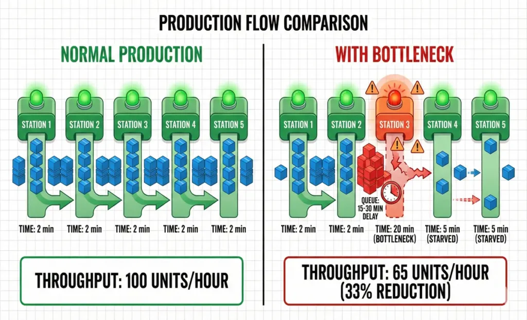 Comparison diagram showing normal production flow (left side with green indicator and 100 units/hour throughput) versus production with bottleneck (right side showing red-flagged station 3 causing material queue and reduced throughput to 65 units/hour)